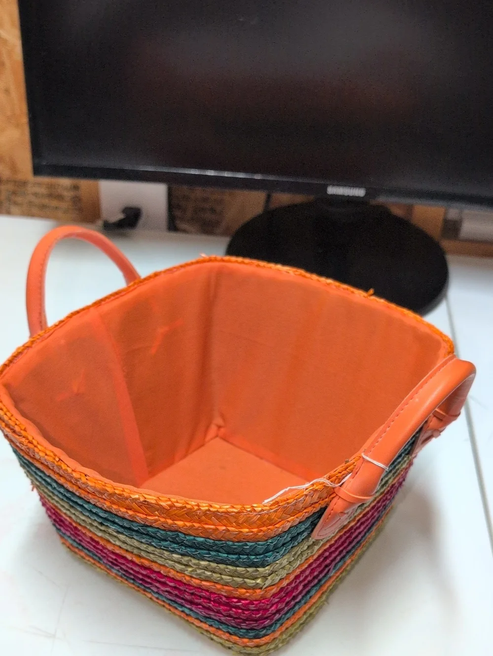 Bright Orange Multicolor  Square Woven Storage Basket -